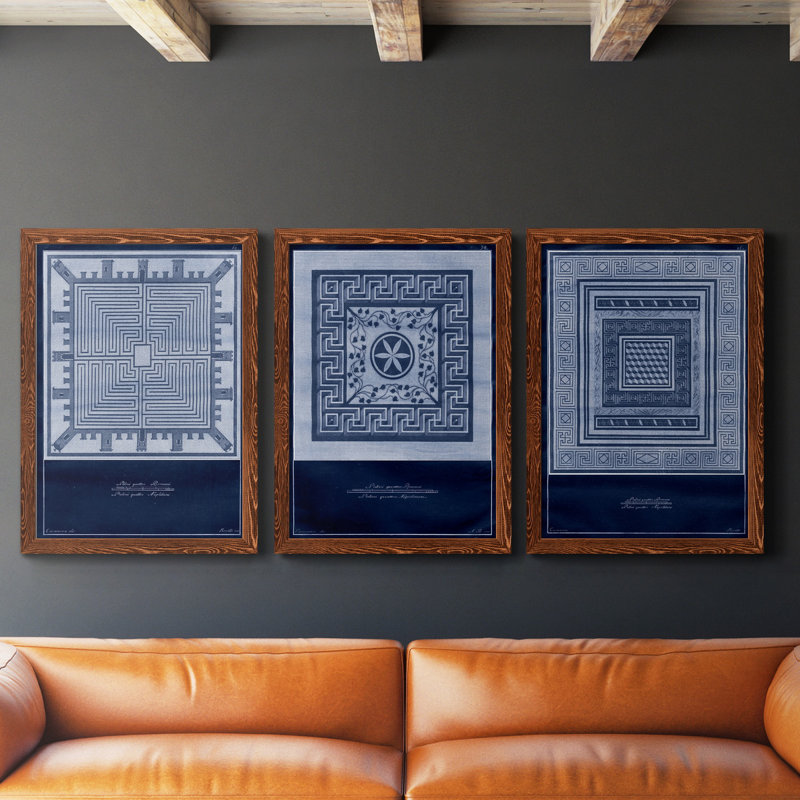 Indigo Tile I - ensemble de 3 impressions sur toile encadrées, Érable, H 37,5 po x l 82,5 po x P 1,5 po
