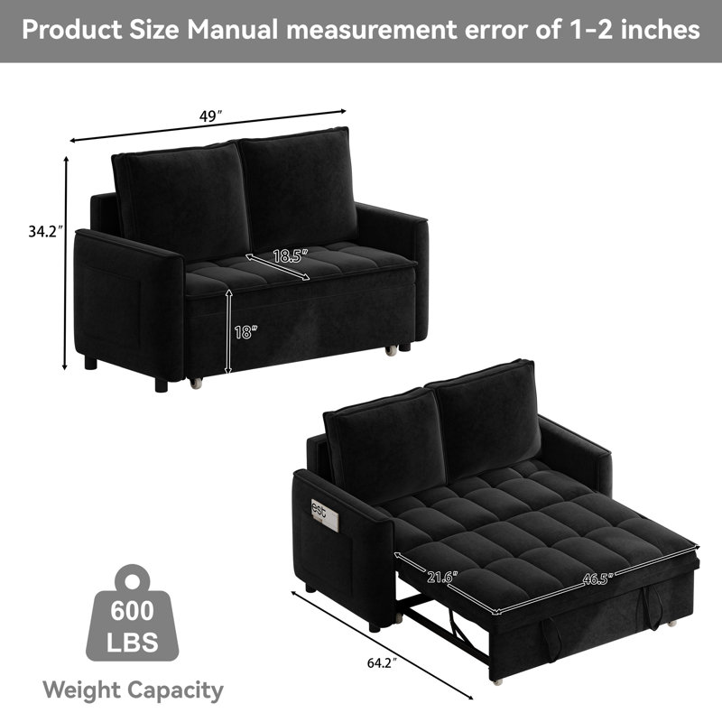 49" Modern Convertible Sleeper Loveseat with Pull-Out Bed, Adjustable Backrest & Side Storage Pockets, Black