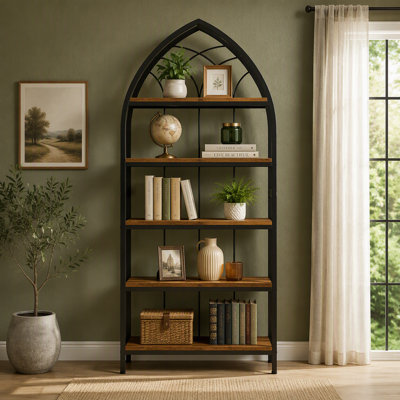 5-Tier Bookshelf, 74.8" Industrial Curved Wooden Bookcase