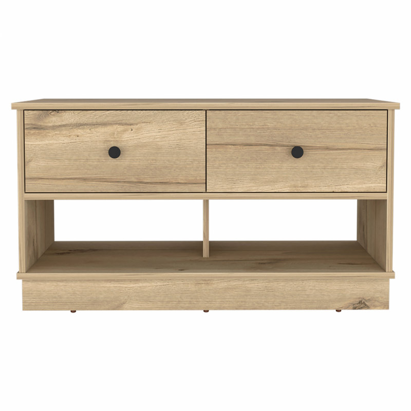 Rectangle 2-Shelf 2-Drawer Storage Bench, Light Oak