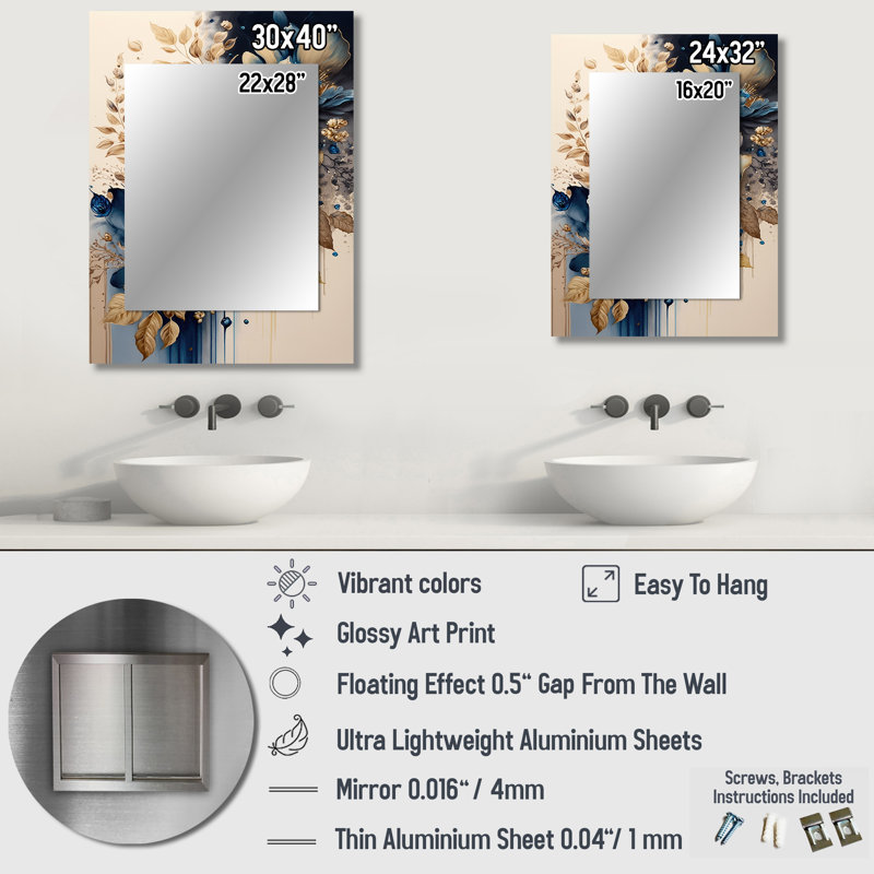 Blue And Gold Floral Bunch III - Floral Large Wall Mirror, Traditional Unique Mirror, Printed Metal Art, 40" x 30"