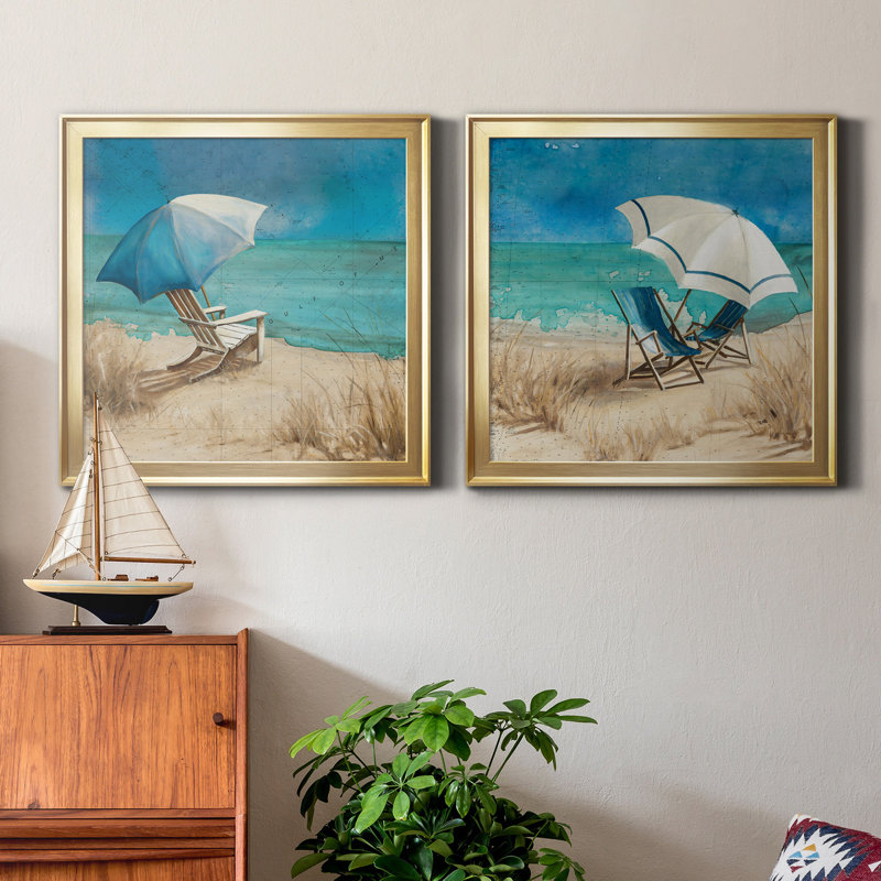 «Retreat to the Beach I», peinture sur toile 2 pièces, H 17,5 po x l 35 po x P 1,5 po, Cadre doré