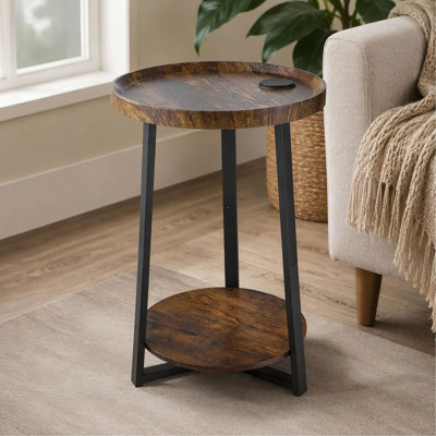 Table de bout - 2 niveaux - Ronde - Étagères ouvertes - avec chargement USB et CA - Brun - Moderne