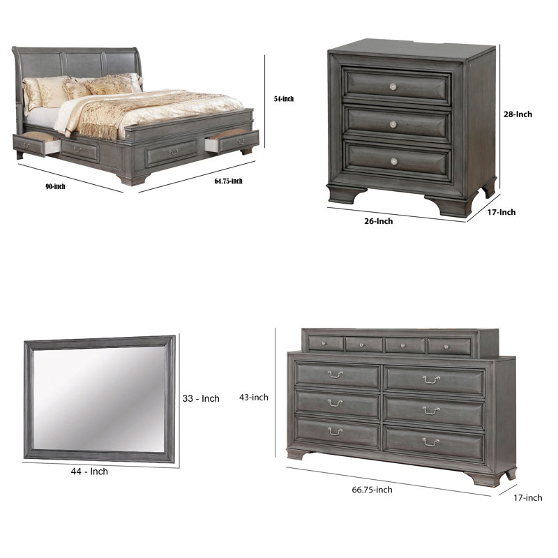 Ensemble de chambre à coucher grand lit quatre pièces Lio, incrustation de bois gris, poignées en métal nickelé