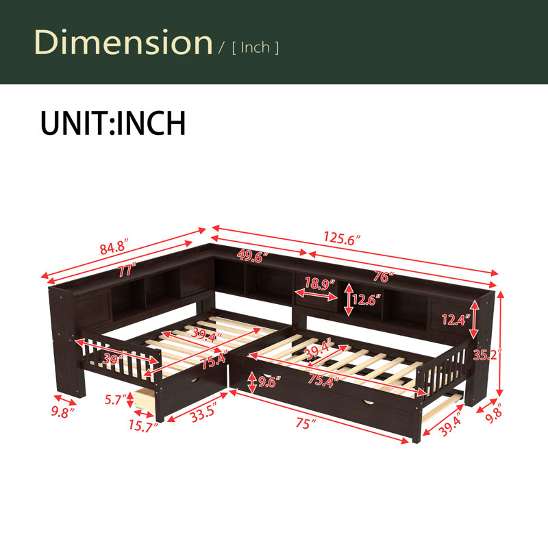 Lit plateforme en L simple avec lit gigogne et lit gigogne en bois massif avec tiroirs et tablettes de rangement, Espresso