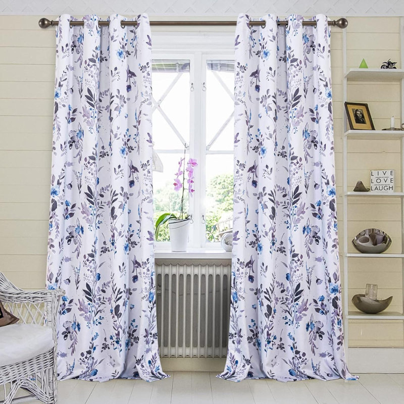 Curtains For Living Room Floral Thermal Insulated Light Blocking Grommet Drapes 2 Panels, Blue/Gray
