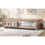 Lit plateforme simple en bois avec garde-corps et tablettes de rangement, naturel