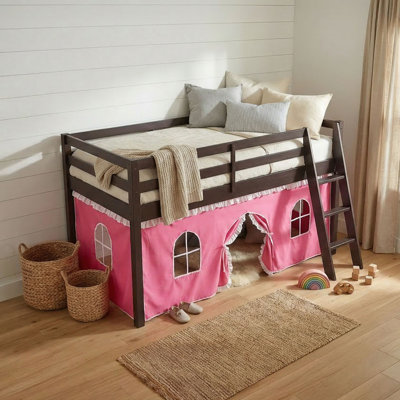 Roxy Twin Wood Junior Loft Bed - Espresso Frame with Pink and White Bottom Tent