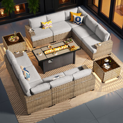 10-Person  Outdoor Sectional With Cushions,Led Coffee Table And Fire Pit,All-Weather Wicker Patio Set