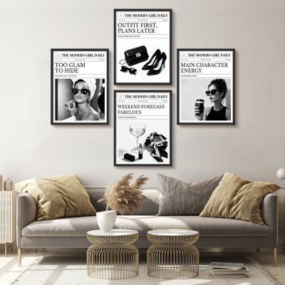 «Modern Girl Daily Fashion», citations glamour et accessoires de luxe chics de style journal encadré, ensemble de 4 reproductions d'art pour chambre à coucher, vestiaire, coiffeuse ou penderie