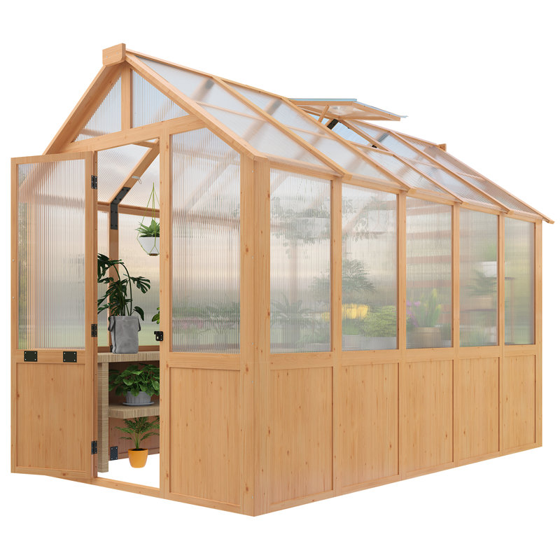 10 X 6 Ft Wooden Greenhouse, Walk-in Green House With Thickend Pc Panel, Adjustable Windows & Lockable Door