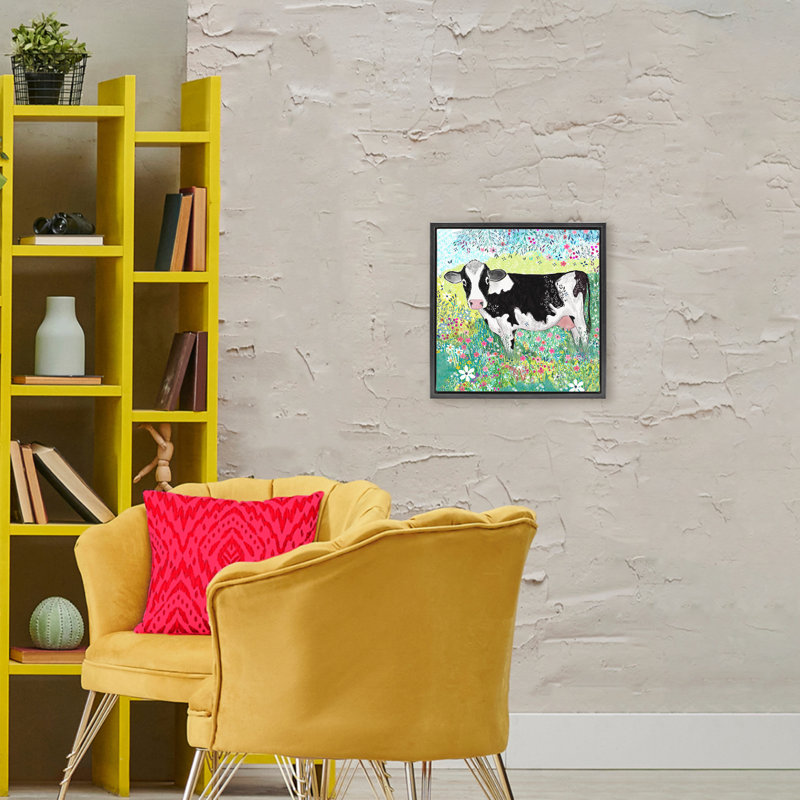 Cadre flottant Impressionist Cow & Meadow Flowers, design par Clare Tupper, Cadre flottant noir de jais, H 18 po x l 18 po