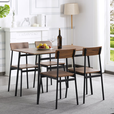 5 Piece Rectangular Walnut Dining Table Set Seats 4 Metal Base