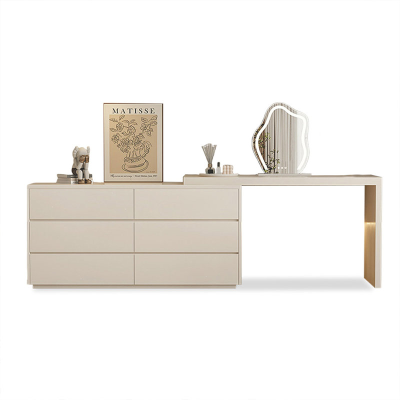 Coiffeuse avec miroir lumineux, 6 tiroirs, Beige