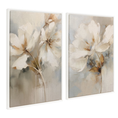 Abstract Botanical Floral Linen Painting 1 and 2 by The Creative Bunch Studio Framed Canvas Wall Art Set