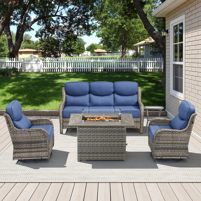 5-Piece Outdoor Wicker Patio Night Fire Pit Table Set With Coffee Table, Gray, Blue