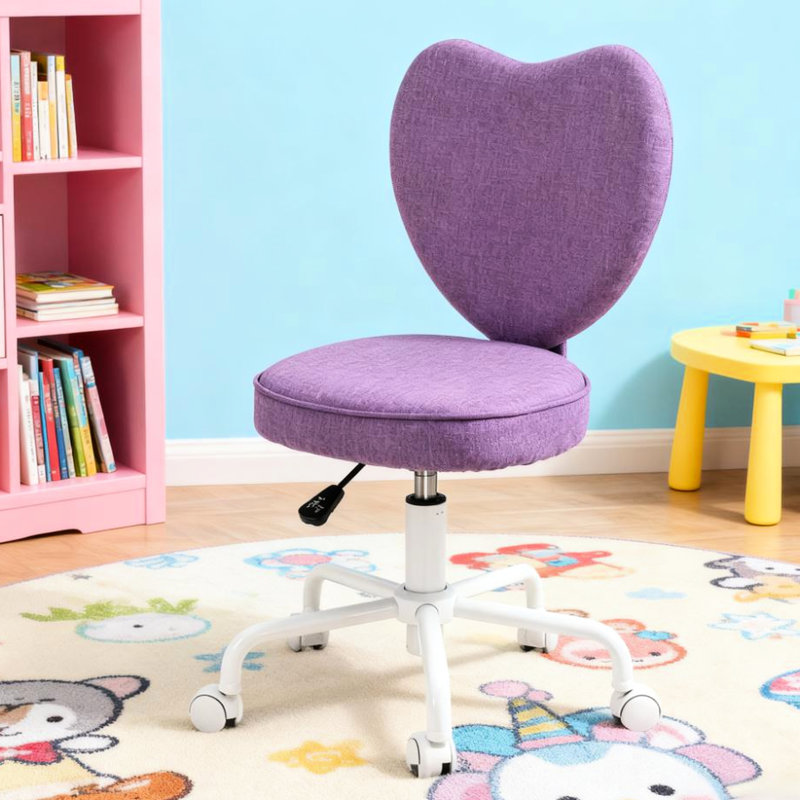Chaise de bureau mauve avec dossier en forme de cœur, hauteur réglable, roulettes pivotantes à 360 degrés, lin respirant et mousse douce, pour un espace confortable