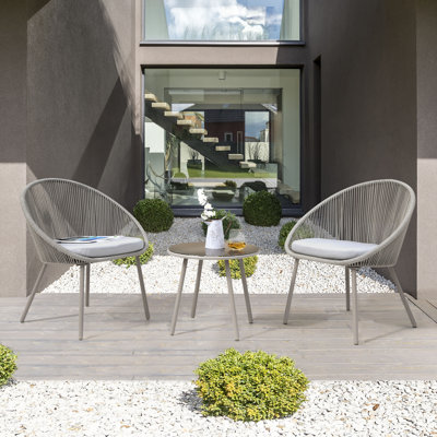 Kulp 3-Piece Patio Bistro Set, Outdoor Conversation Chair Set Balcony with Tempered Glass Coffee Table and Light Grey Cushions, Water-Resistant Woven Rope for Poolside
