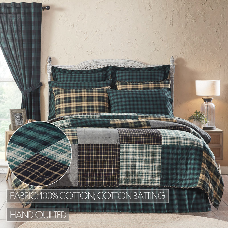Queen Black and Green Cotton Reversible Patchwork Quilt