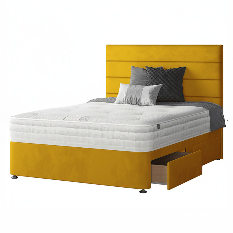 Kiara Stripped Floor Standing Headboard with Divan Base Plush Velvet and Metal Feet, Turmeric, Single (3'), 2 Right Drawers