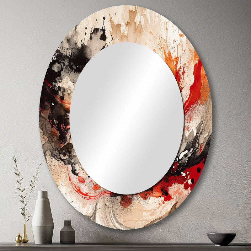 Red Black Chromatic Agate II - Large Oval Wall Mirror On Metal, 43" x 33"