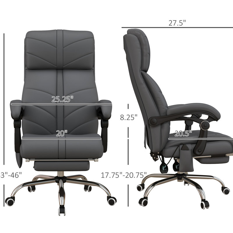 Fauteuil de bureau de direction avec 4 vibrations, fauteuil de bureau pour ordinateur, fauteuil inclinable chauffant en cuir PU à hauteur réglable, roues pivotantes, gris