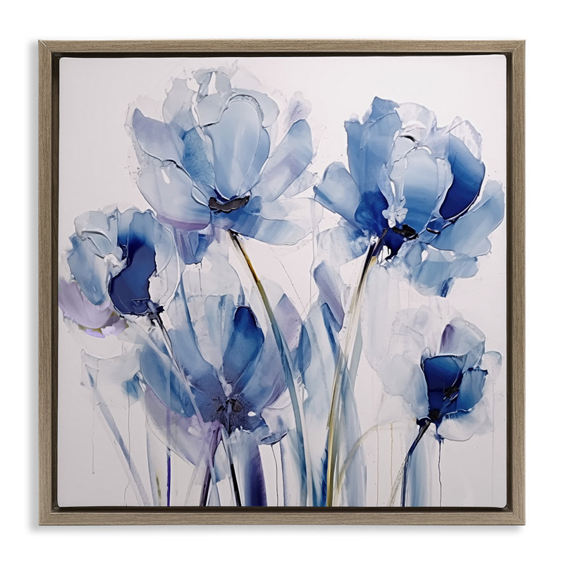 Toile abstraite abstraite encadrée par des tulipes bleues par Sasha, Cadre flottant orme Montalcino, H 18 po x l 18 po