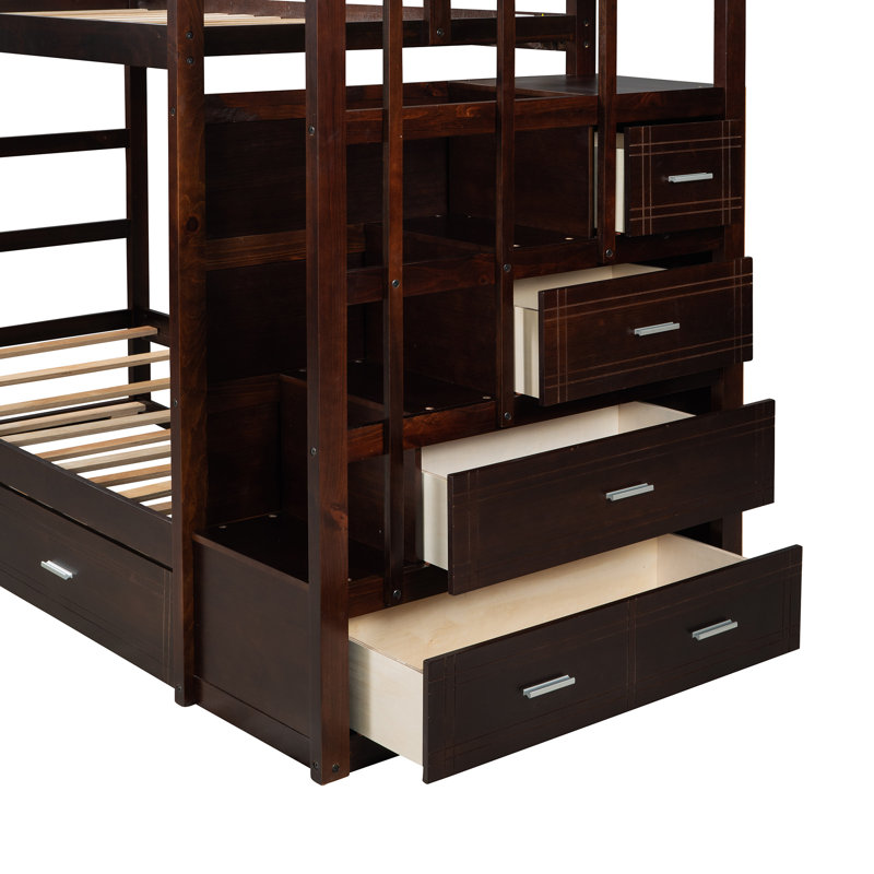 Leyburn Twin Over Twin 4 Drawer Standard Bunk Bed with Trundle and Stairs, Espresso