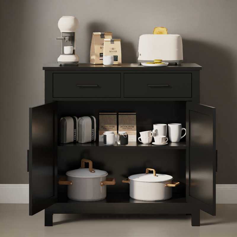32" Wood Sideboard Console Table with Drawers and Cabinets, Black