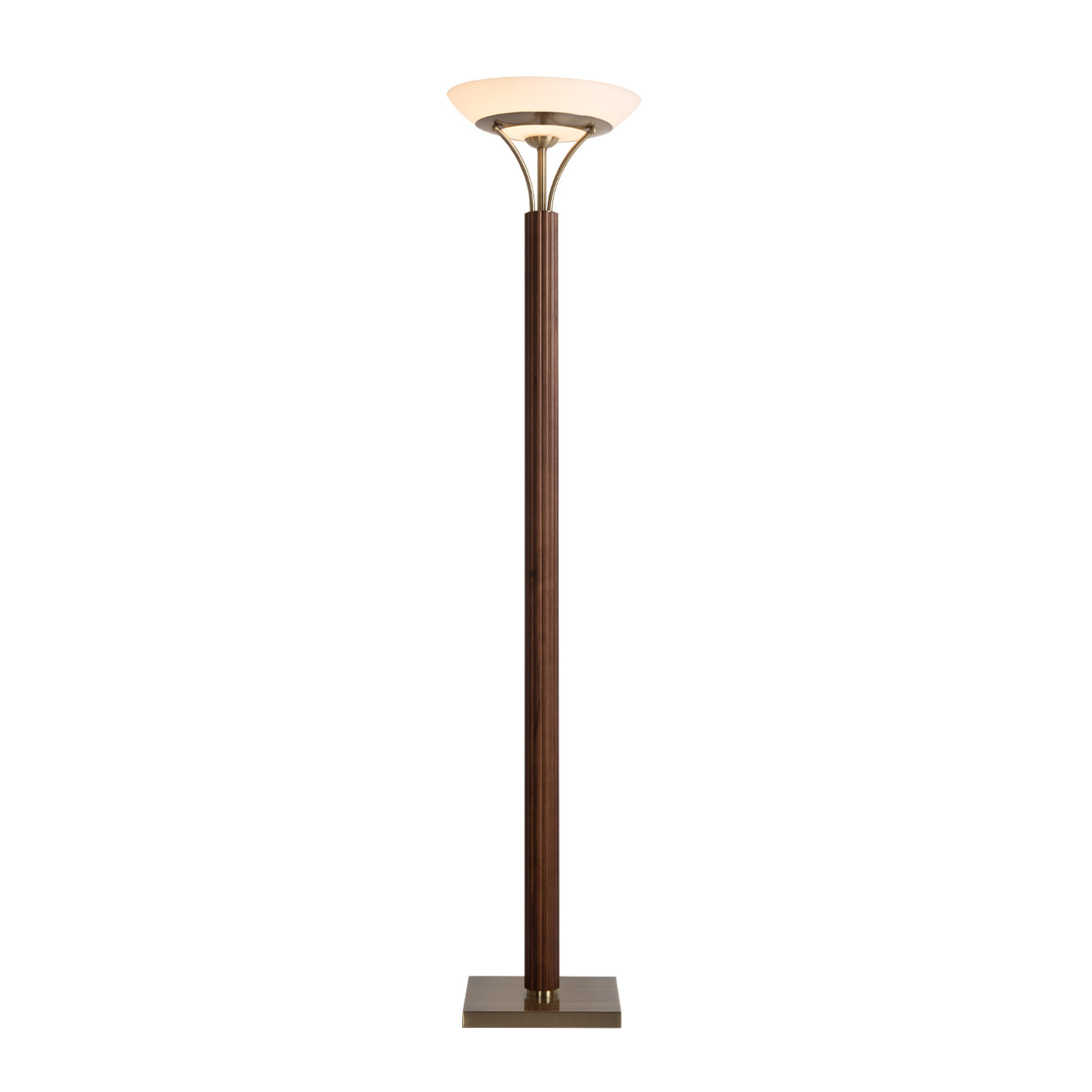 Tambo Torchiere Floor Lamp - Wood Finish, Weathered Brass, Dimmer, Dark Walnut