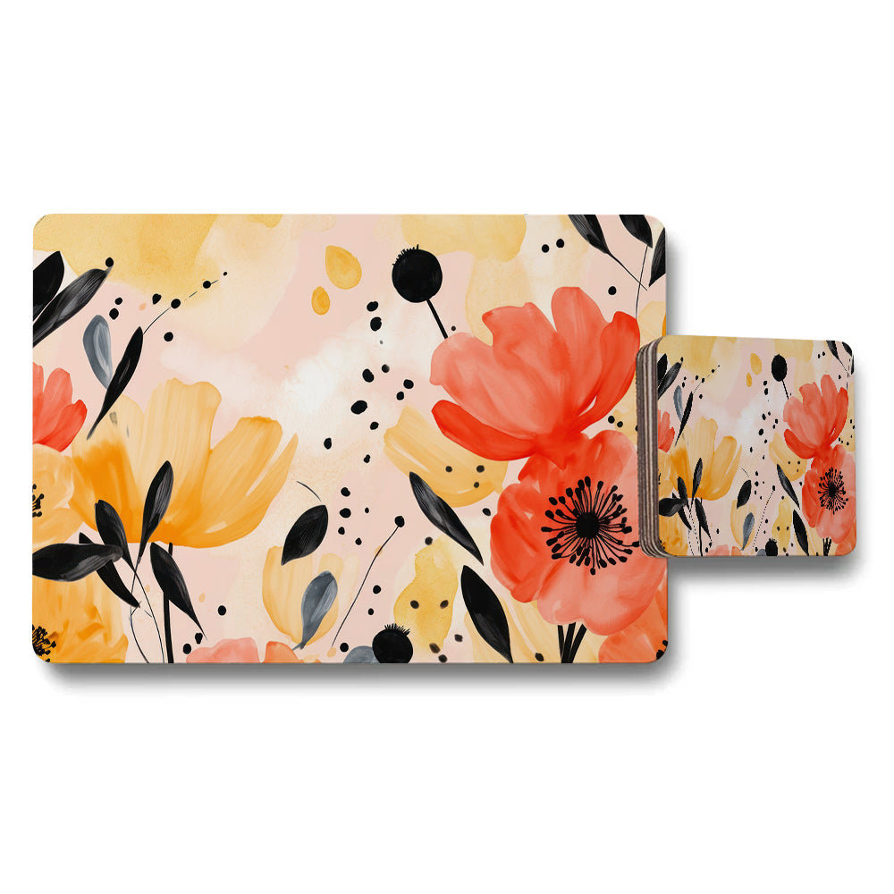 Floral Placemat and Coaster Set Yellow Orange Red Botanical Design