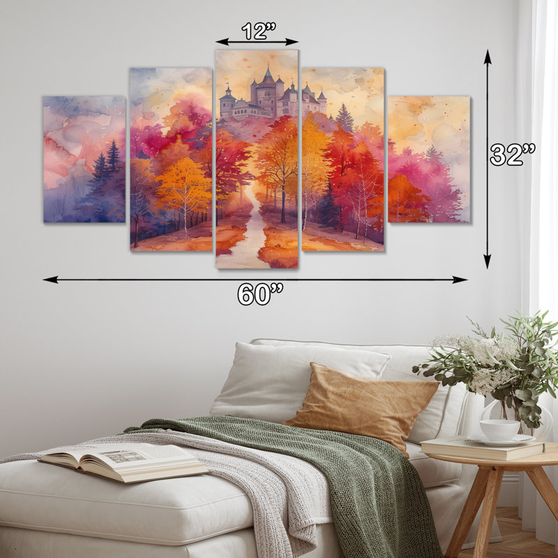 Orange orange, automne rouge, château en France, ensemble d'art mural sur toile Chateaus