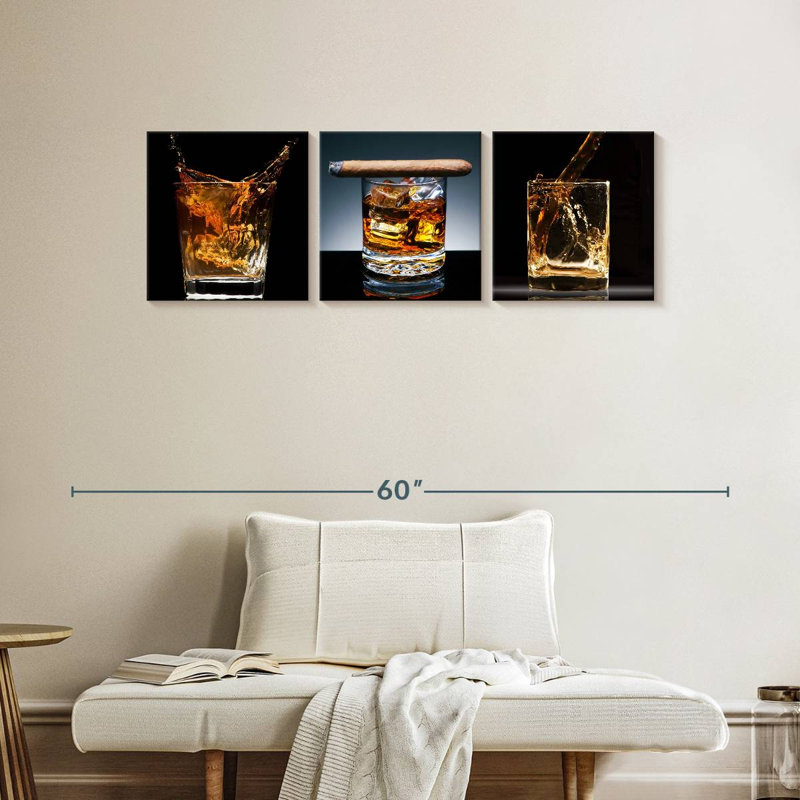 Bourbon whisky verre sur toile, ensemble de 3 pièces, H 15 po x l 47 po x P 1,25 po