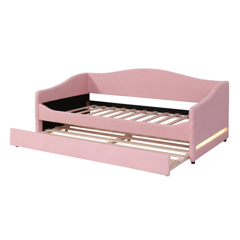 Twin Size Teddy Fleece Daybed With Trundle And Smart LED Lights - Upholstered Sofa Bed - Beige, Twin, Pink