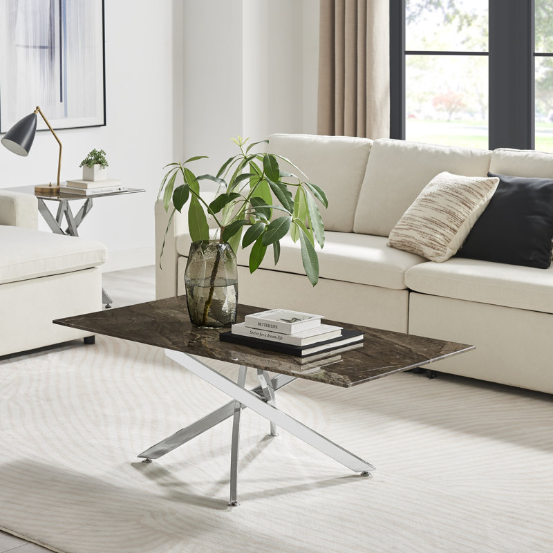 Atal Marble Effect Coffee Table - Glass Topped Metal Leg Centre Table, Gray, Silver