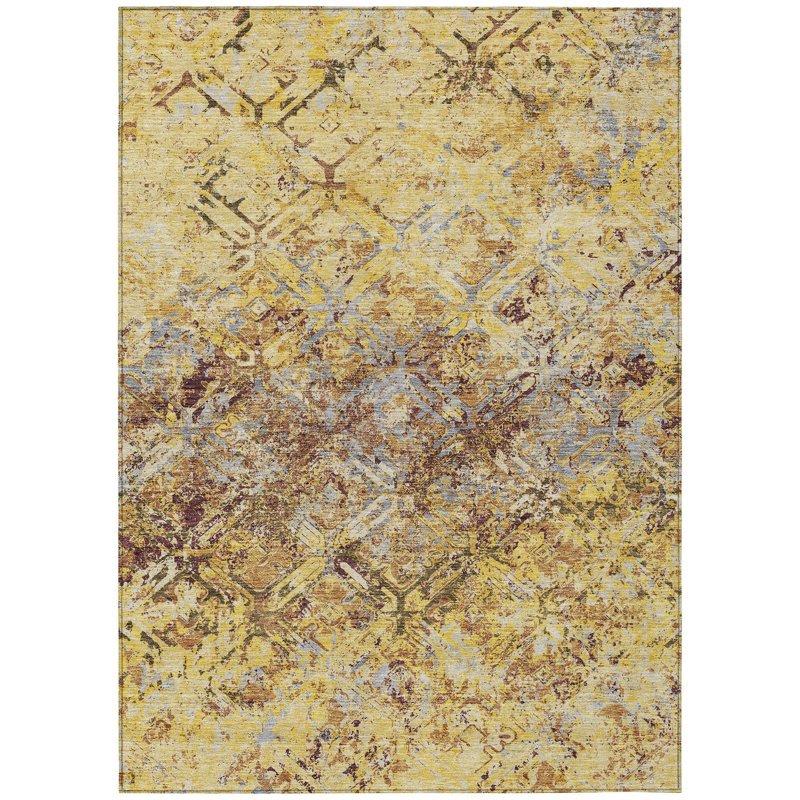 3' X 5' Wheat Gold And Gray Geometric Washable Indoor Outdoor Area Rug