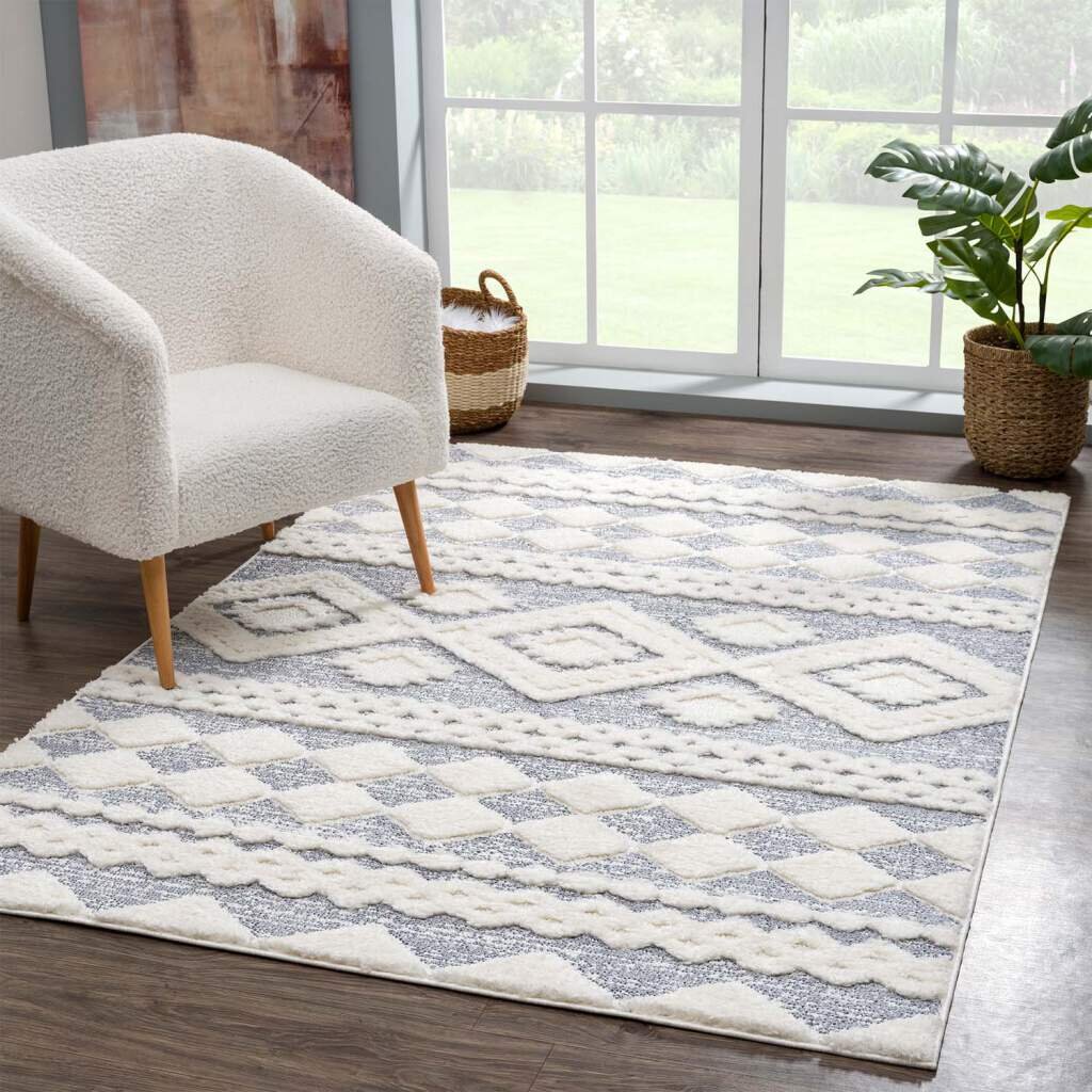 Teppich Focus 3005 Hochflor Boho Wohnzimmer Creme, Graublau Hochtief-Muster/ 3D-Effekt Rautenmuster Stevens