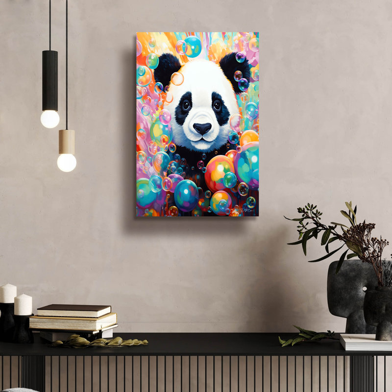 «Panda and Bubbles» par Momart, art mural en verre acrylique, H 24 po x l 16 po x P 0,2 po