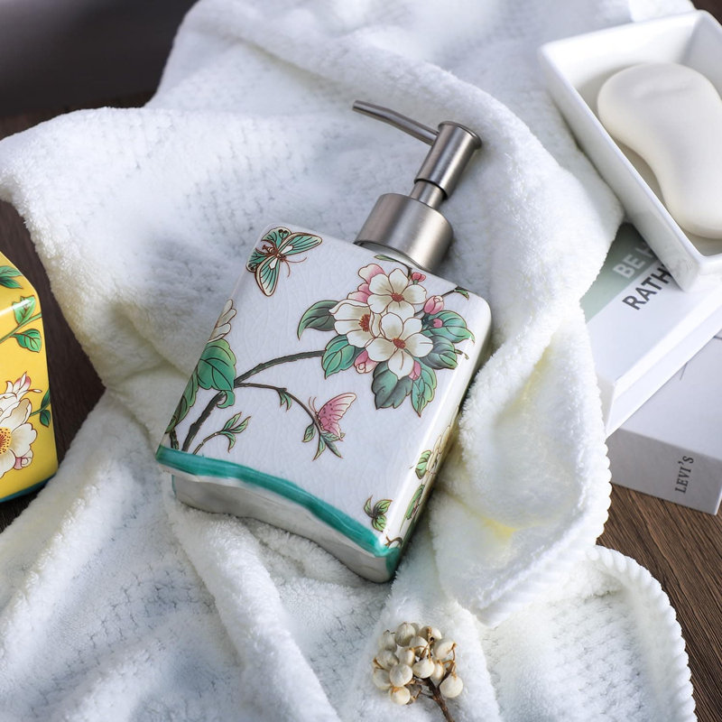 13oz Ceramic Soap Dispenser | Flower Pattern Lotion Bottle with Removable Pump | for Kitchen/Bathroom Soap & Oils, Beige