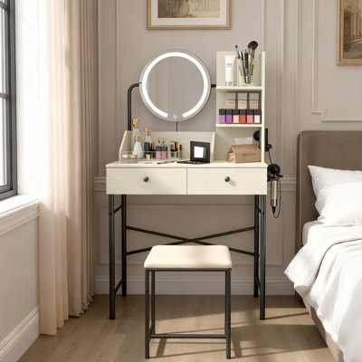 Mark Makeup Vanity Set With LED Round Mirror, Vanity With Built-In Outlet And Two Drawers