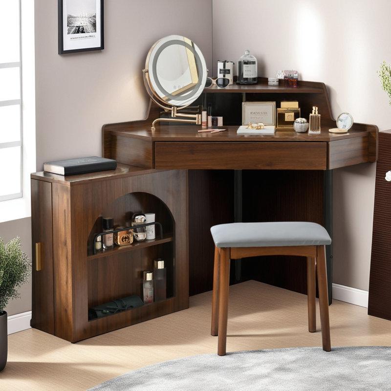 Corner Makeup Vanity with Tri-Fold LED Mirror and Comfy Stool