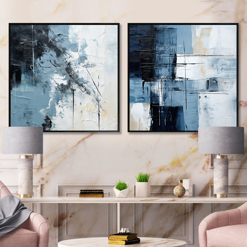 "Art moderne scandinave bleu et beige", 2 pièces, Cadre flottant noir, H 16 po x l 33 po