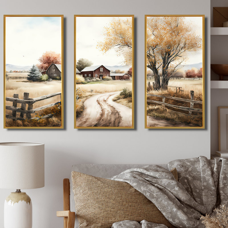 «Beautiful Barn In Spring VI», reproduction sur toile 3 pièces, Cadre flottant doré, H 32 po x l 48 po