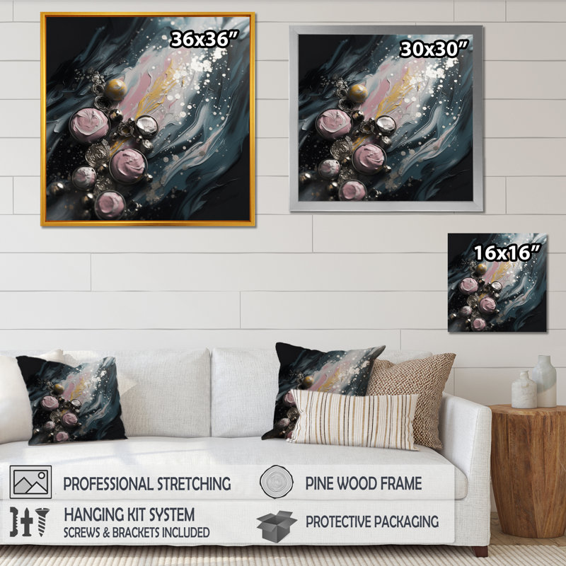 Glam Pink and Silver Shapes III, reproduction d'art sur toile, H 24 po x l 24 po x P 1 po, Cadre photo noir
