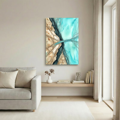Aquarelle sur toile bleu sarcelle et beige