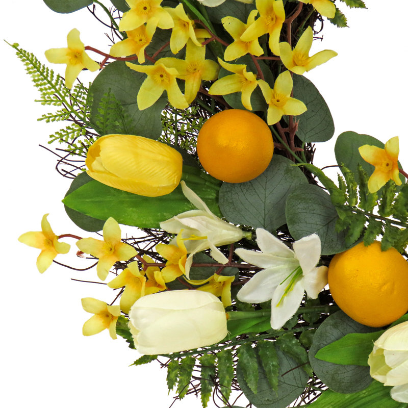 22" D Artificial Polyester Wreath with Lemons and Tulips