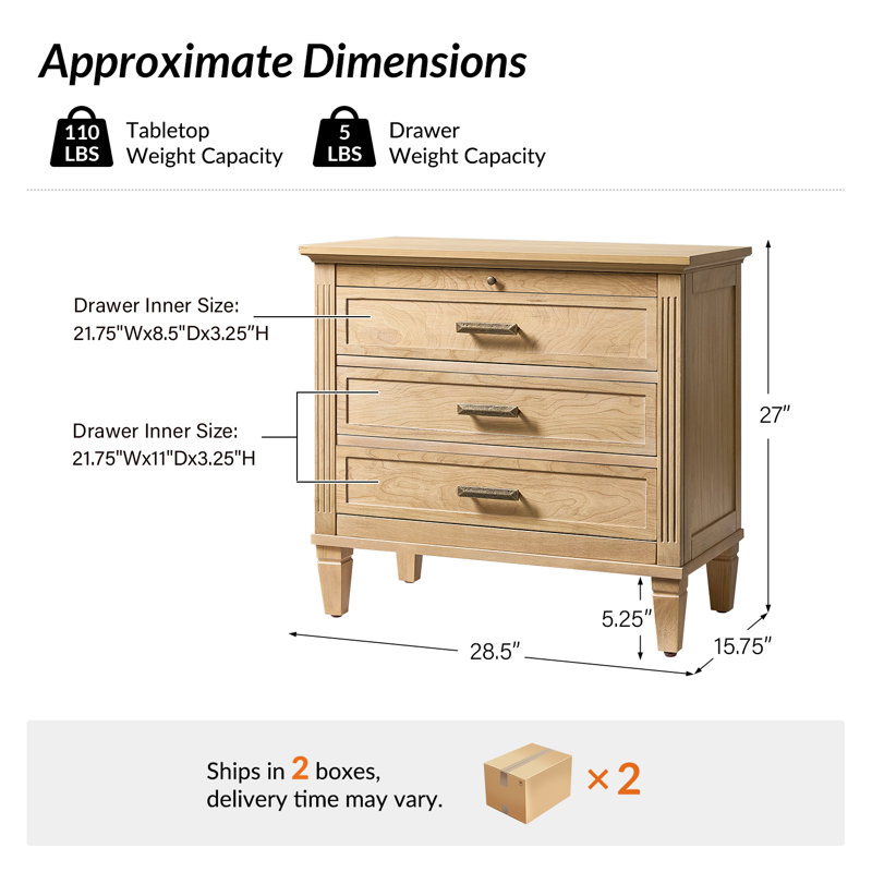 Launcelot Eliseo 28.5"W Transitional 3 Drawers End Table with Built-In Outlets USB Type Set of 2, Natural