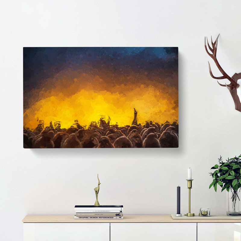 King Penguins And Orange Sunset In Abstract - Wrapped Canvas, 60cm H x 91cm W x 3cm D
