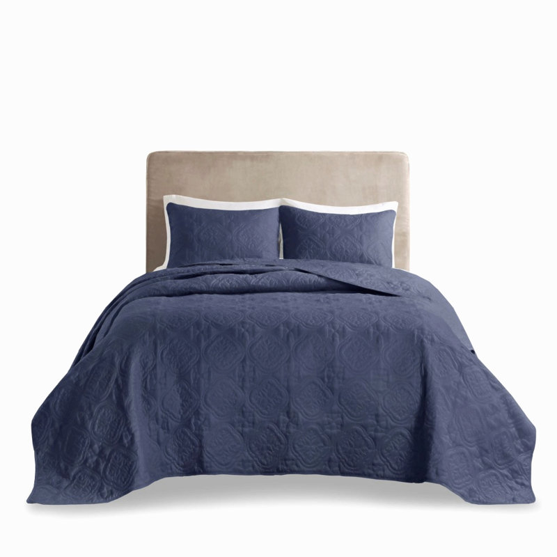 Ensemble de couvre-lit matelassé réversible 3 pièces en polyester, bleu marine, grand lit/queen, Marine