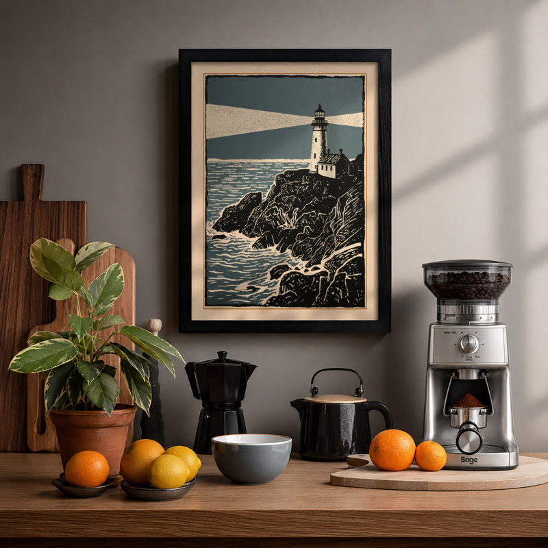 Lighthouse Beam Coastal - Framed Print, A2 - 59.4 x 42.0 cm, Black